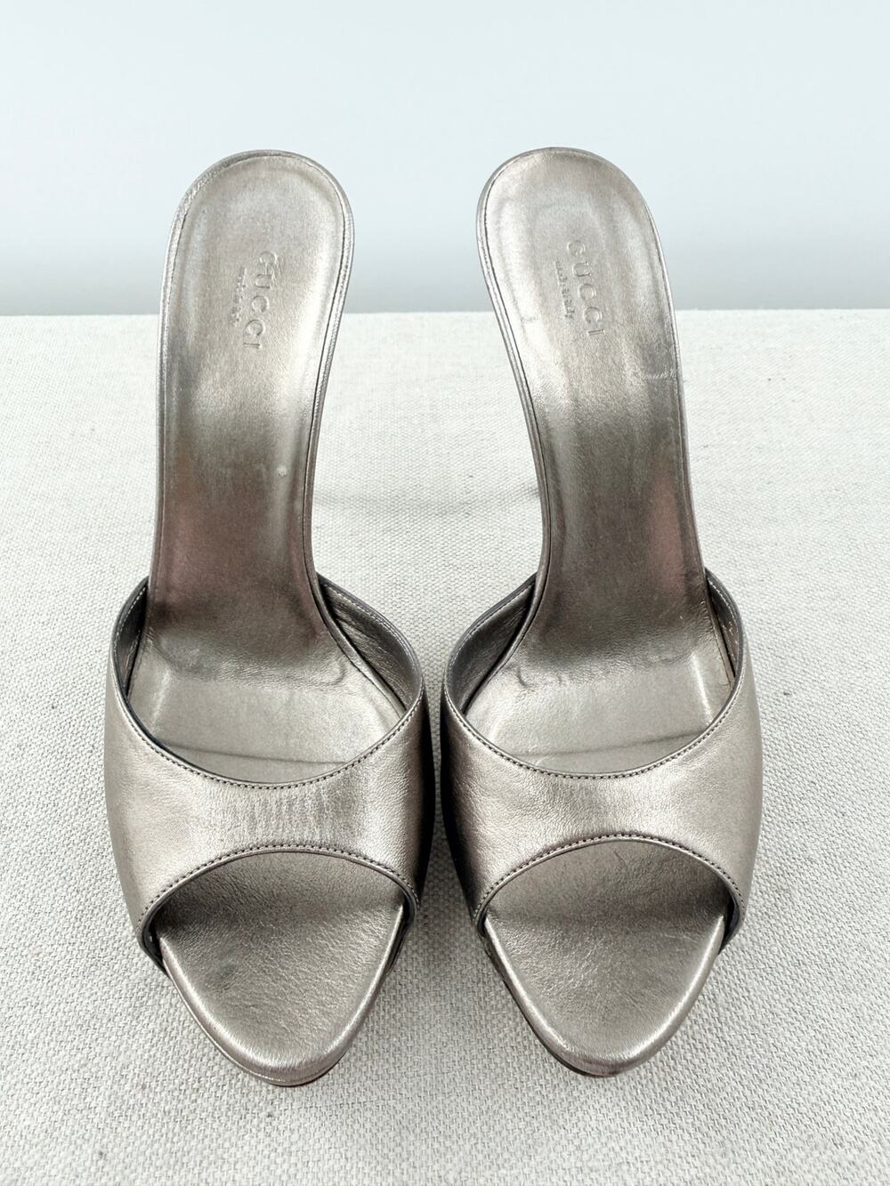 VTG Gucci Metallic Leather Bamboo Detail Stiletto Platform Mules Silver EU 38